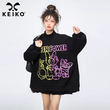 superpower系列卡通印花高领卫衣女秋季酷感oversize宽松黑色上衣商品大图