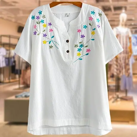 中年妈妈洋气夏装短袖绣花上衣2022新款加肥加大码女宽松棉麻T恤商品大图