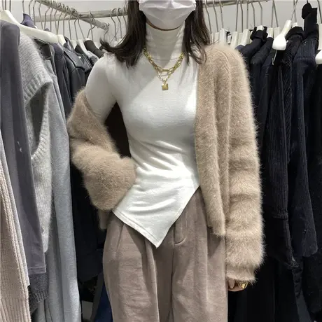 长袖t恤女2022秋冬新款chic修身内搭高领打底衫女小心机开叉上衣商品大图