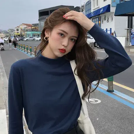 2023新款半高领长袖T恤打底衫女粉色少女甜甜内百搭修身薄款上衣商品大图