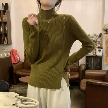 开叉半高领毛衣打底衫女秋冬季加厚修身设计感内搭软糯针织衫上衣商品大图