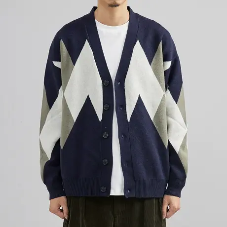 小众设计师菱形提花开衫针织衫男春秋上衣长袖外套韩版潮柔软蓬松图片