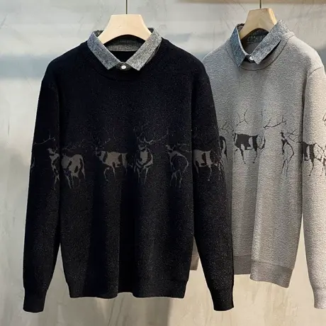 假两件毛衣男加绒加厚衬衫领轻奢商务线衣男士针织衫外套秋冬新款商品大图