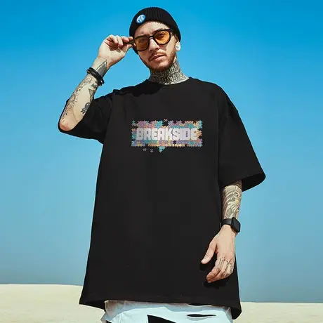 高街潮牌宽松T恤胖子短袖男加肥加大五分袖纯棉情侣大码男装夏季商品大图