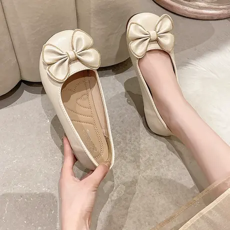 蝴蝶结浅口豆豆鞋女2023年春秋新款一脚蹬上班单鞋配裙子软底瓢鞋商品大图