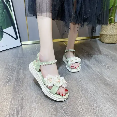 花朵凉鞋女平底松紧带学生厚底2023年夏季新款舒适小个子增高鞋商品大图