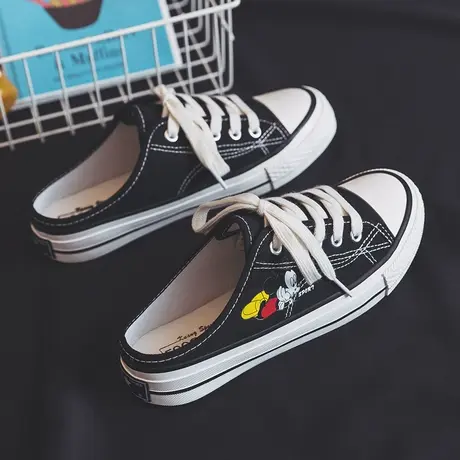 2023春夏季透气半拖小白鞋女无后跟一脚蹬懒人帆布鞋百搭卡通潮鞋图片