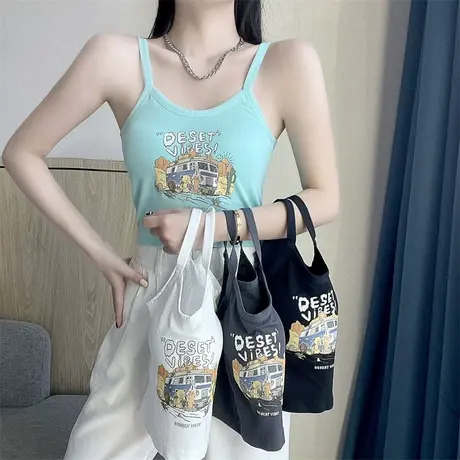 吊带小背心螺纹女夏内搭打底外穿美背爆款一体带胸垫黑色抹胸上衣图片