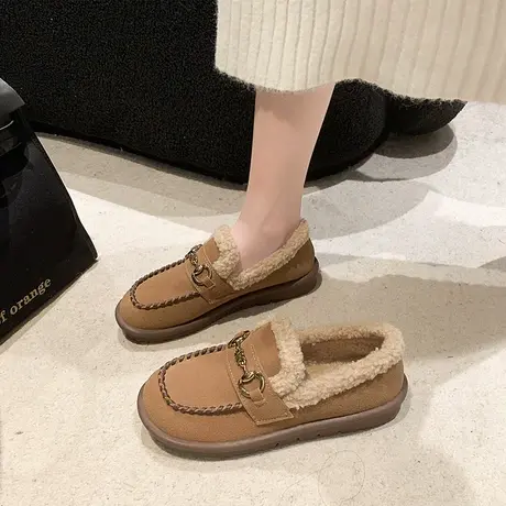 鞋子女冬季加绒乐福鞋一脚蹬平底防滑百搭ins超火复古孕妇豆豆鞋图片