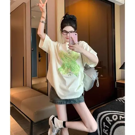 大码胖mm短袖t恤女新款夏日多巴胺欧货洋气大版遮肚子上衣2-300斤商品大图
