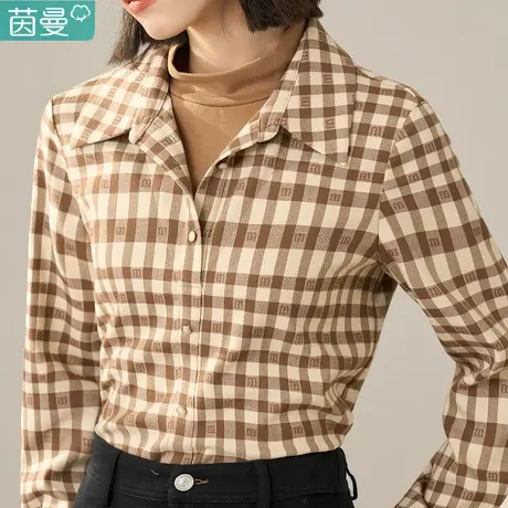 茵曼加厚格子衬衫磨毛衬衣2023新款秋冬季女装长袖上衣外穿简约商品大图