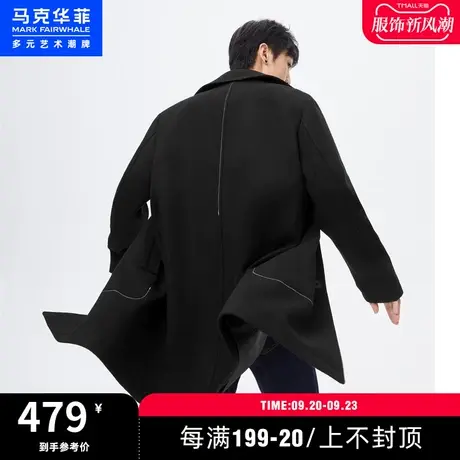 马克华菲明线羊毛呢翻领中长款大衣男春秋款时尚休闲宽松韩版外套图片