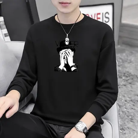 圆领男生卫衣春秋款潮牌宽松无帽加绒加厚秋冬季印花黑色长袖t恤商品大图