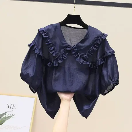 欧货木耳边拼接短袖娃娃衫女宽松2023夏季新款韩版洋气雪纺衫上衣图片