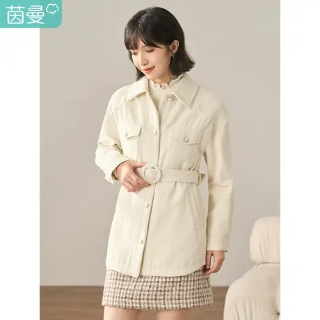 茵曼气质翻领毛呢外套女2023年冬季新款简约绣花宽松显瘦中长上衣图片