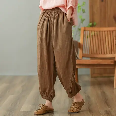 dza 高腰显瘦苎麻休闲裤女2023夏季薄款九分哈伦裤宽松棉麻直筒裤图片