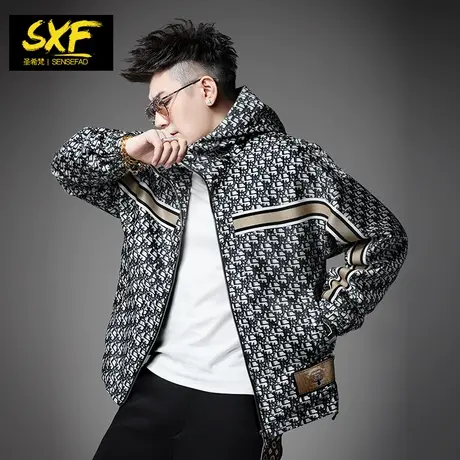 SXF圣希梵秋季外套男 2023新款宽松连帽提花织带潮流运动男士夹克商品大图