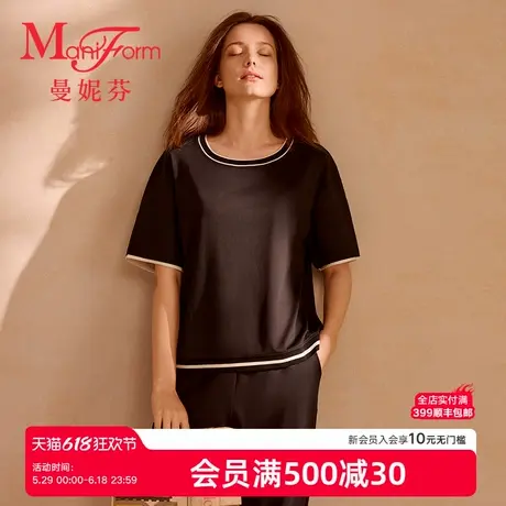 曼妮芬2025夏女士舒适圆领棉质家居服可外穿短袖长裤套装20312053商品大图