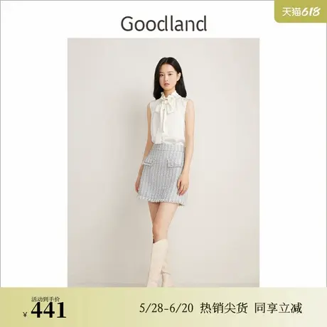 Goodland美地春季法式优雅立领飘带无袖丝带蝴蝶结衬衫商品大图