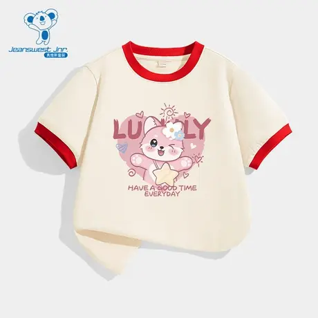 JU真维斯女童2025夏季新款卡通百搭舒适流行时尚撞色罗纹短袖T恤商品大图