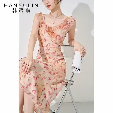 气质连衣裙女夏季2025新款法式高级感中长款小众设计无袖印花裙子图片