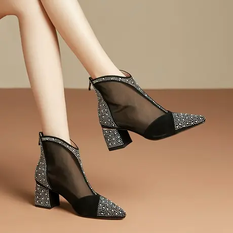 网纱镂空凉靴女2023年新款夏季黑色薄款透气短靴尖头高帮粗跟凉鞋商品大图