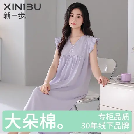 新一步短袖纯棉女款睡裙夏季薄款无袖V领睡衣2025新款蕾丝家居服商品大图