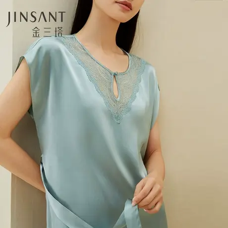 金三塔真丝睡裙女夏凉感舒适100%桑蚕丝蕾丝系带妈妈宽松真丝睡衣商品大图