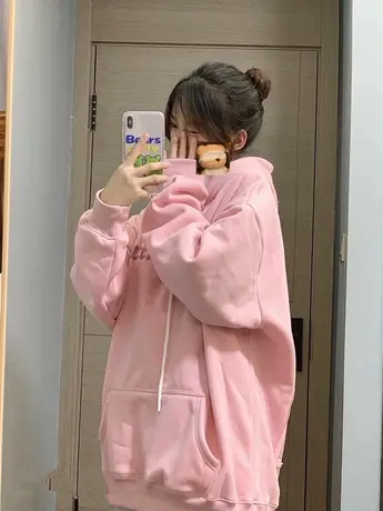 粉色连帽卫衣女秋冬vintage加绒加厚设计感小众ins潮外套大码上衣图片