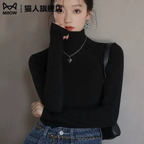 黑色半高领打底衫女2025新款中领内搭德绒针织修身长袖上衣秋冬季商品大图