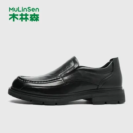 木林森男鞋夏季黑色真皮舒适大头爸爸鞋厚底增高一脚蹬商务乐福鞋商品大图