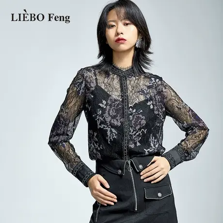 裂帛LIEBOFeng设计师品牌2023刺绣复古OL通勤黑色气质蕾丝雪纺衫图片