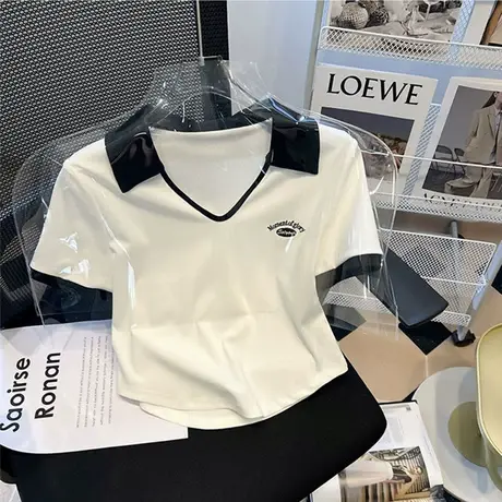 短袖正肩t恤女显瘦夏季2023年新款设计感小众ins潮polo领短款上衣商品大图