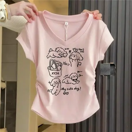 粉色法式短款t恤上衣女生v领棉抽褶正肩修身甜辣妹风短袖体恤夏季商品大图