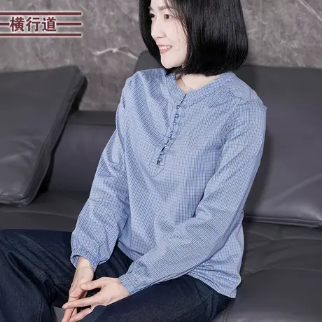 蓝色格子立领衬衫上衣女士休闲显瘦文艺上衣宽松大码女装秋装衬衣商品大图