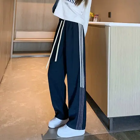 侧边条纹直筒阔腿裤女2023秋季新款韩版宽松高腰运动休闲拖地裤潮图片