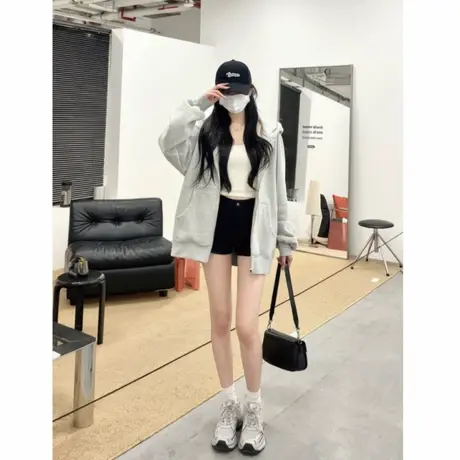 连帽卫衣外套女2025新款白灰色早秋薄款拉链开衫宽松独特漂亮上衣商品大图