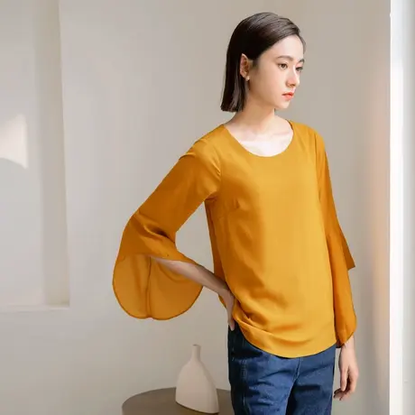 桔熊春秋季通勤雪纺衫舒适飘逸喇叭袖上衣女装胖妹妹大码AB16187商品大图