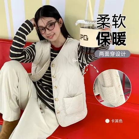KV真维斯卡其色背心女2025新款秋冬加绒加厚保暖小个子两面穿马甲商品大图