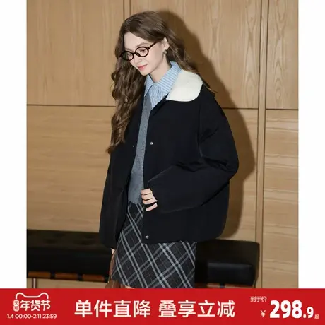唐狮2026冬季短款棉衣女翻领仿羔毛拼接高级感慵懒风时尚韩系穿搭商品大图
