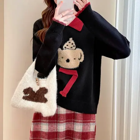 唐狮秋冬简约可爱动物图案撞色翻领套头时尚减龄高级感毛衣女TM图片