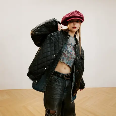 美式复古棒球服棉服女夹棉冬季PU皮外套2023新款潮牌菱格绗棉棉衣商品大图