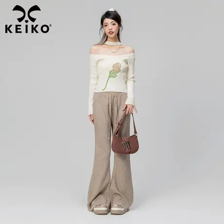 KEIKO 纯欲风一字肩针织衫女2023秋冬玫瑰印花修身显瘦打底衫上衣商品大图