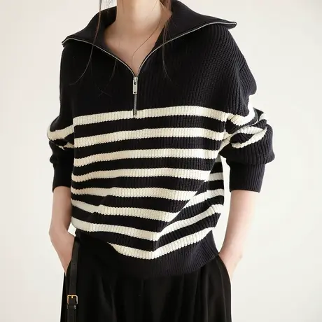 嘉茱莉2022秋冬新款POLO针织衫女条纹翻领上衣复古减龄毛衣商品大图