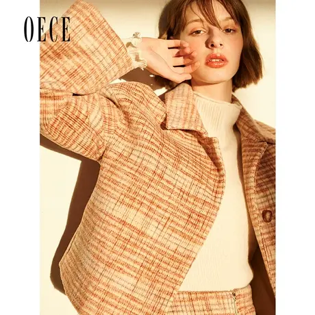 【买1送1】Oece秋冬新款 复古格纹文艺优雅翻领减龄短款呢大衣商品大图