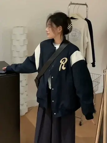 秋冬新款美式高街拼接撞色立领加棉棒球服女设计感宽松外套ins潮商品大图