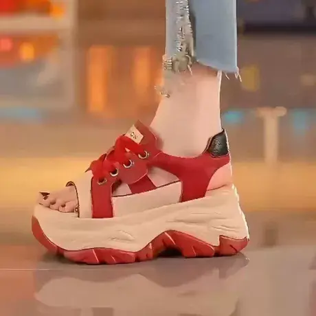 厚底内增高凉鞋女2023年夏季新款超轻透气镂空外穿露趾鱼嘴沙滩鞋商品大图