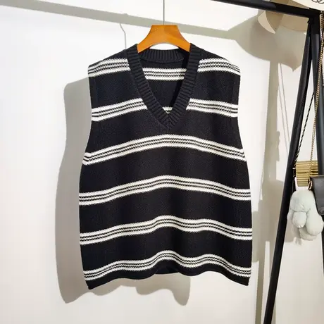 条纹针织马甲女秋冬2023新款v领叠穿无袖坎肩毛线背心上衣外穿潮图片