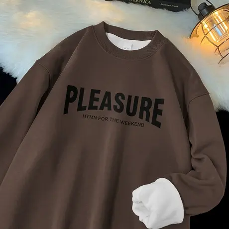 450g重磅卫衣男秋冬款摇粒绒加厚圆领打底衫字母印花无帽长袖t恤商品大图