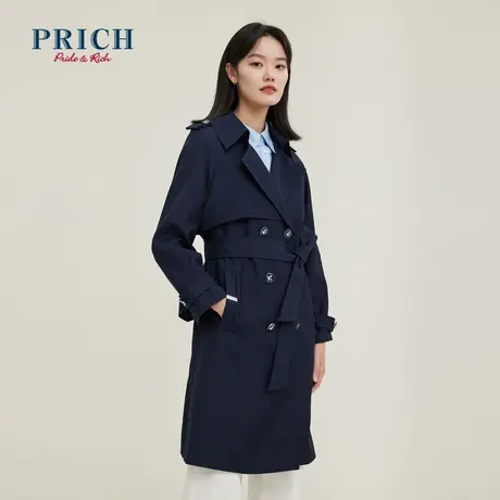 PRICH商场同款风衣新品秋冬新款腰带装饰双排扣翻领长款外套女图片